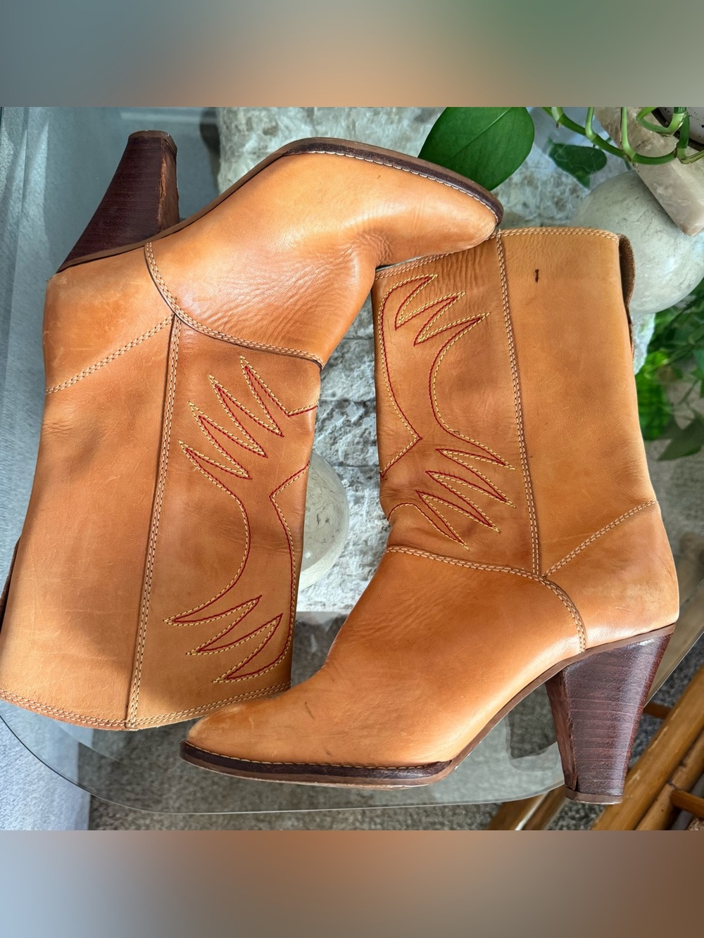 Tan Leather Western Heeled Boots with Red Stitch Detailing